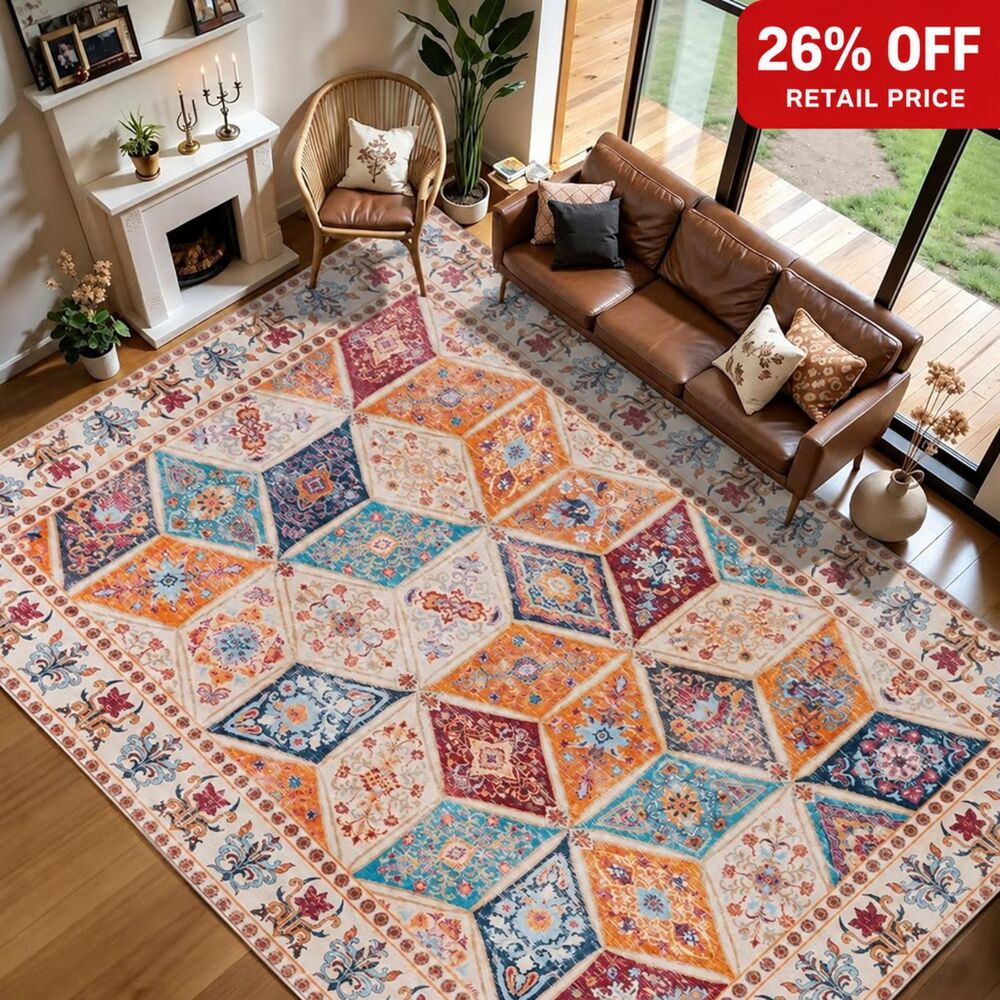 Brand New Qulint Moroccan Patchwork Boho Washable Area Rug – 9' × 12'